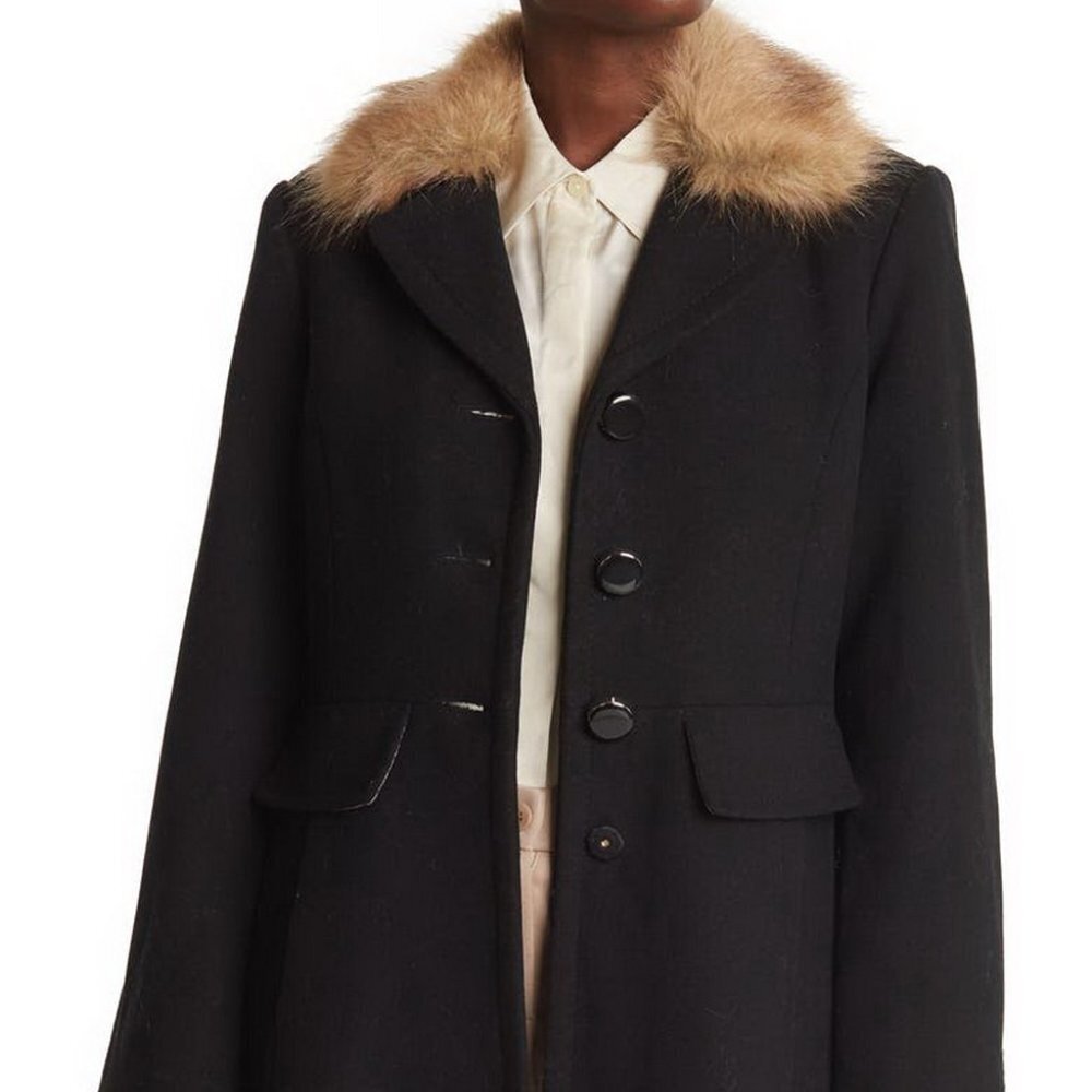 Kate Spade New York Black Wool Coat W/ Faux Fur Collar